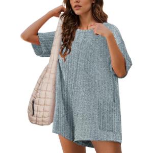 imageEkouaer Rompers for Women Casual Ribbed Short Sleeve TShirt Tee Romper Summer Outfits with Pockets 2025Blue