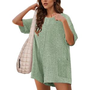 imageEkouaer Rompers for Women Casual Ribbed Short Sleeve TShirt Tee Romper Summer Outfits with Pockets 2025Celadon Green