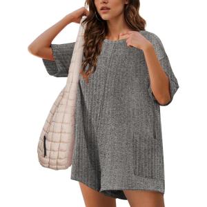 imageEkouaer Rompers for Women Casual Ribbed Short Sleeve TShirt Tee Romper Summer Outfits with Pockets 2025Dark Grey