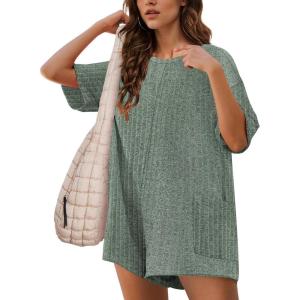 imageEkouaer Rompers for Women Casual Ribbed Short Sleeve TShirt Tee Romper Summer Outfits with Pockets 2025Green