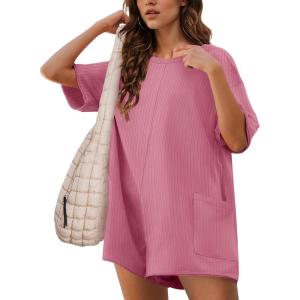 imageEkouaer Rompers for Women Casual Ribbed Short Sleeve TShirt Tee Romper Summer Outfits with Pockets 2025Hot Pink