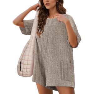 imageEkouaer Rompers for Women Casual Ribbed Short Sleeve TShirt Tee Romper Summer Outfits with Pockets 2025Khaki