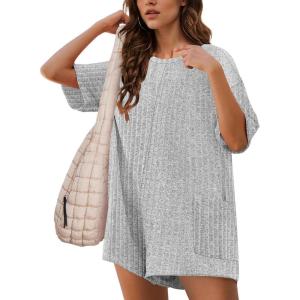 imageEkouaer Rompers for Women Casual Ribbed Short Sleeve TShirt Tee Romper Summer Outfits with Pockets 2025Light Gery