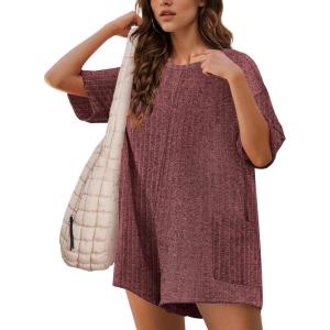 imageEkouaer Rompers for Women Casual Ribbed Short Sleeve TShirt Tee Romper Summer Outfits with Pockets 2025Maroon
