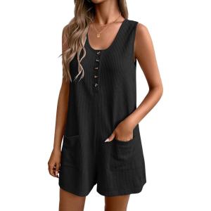 imageEkouaer Women Rompers Waffle Summer Overalls Shorts Loose Jumpsuit with Pockets Casual 2025 Beach Outfits Vacation ClothesBlack