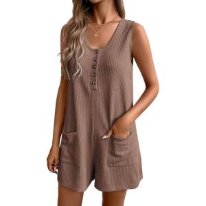 imageEkouaer Women Rompers Waffle Summer Overalls Shorts Loose Jumpsuit with Pockets Casual 2025 Beach Outfits Vacation ClothesBrown