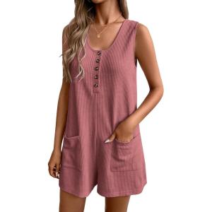 imageEkouaer Women Rompers Waffle Summer Overalls Shorts Loose Jumpsuit with Pockets Casual 2025 Beach Outfits Vacation ClothesCassis