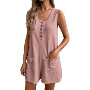 imageEkouaer Women Rompers Waffle Summer Overalls Shorts Loose Jumpsuit with Pockets Casual 2025 Beach Outfits Vacation ClothesDirty Pink