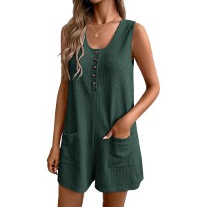 imageEkouaer Women Rompers Waffle Summer Overalls Shorts Loose Jumpsuit with Pockets Casual 2025 Beach Outfits Vacation ClothesGreen