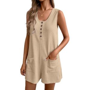 imageEkouaer Women Rompers Waffle Summer Overalls Shorts Loose Jumpsuit with Pockets Casual 2025 Beach Outfits Vacation ClothesLight Brown