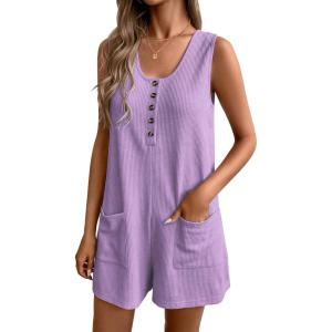 imageEkouaer Women Rompers Waffle Summer Overalls Shorts Loose Jumpsuit with Pockets Casual 2025 Beach Outfits Vacation ClothesLilac