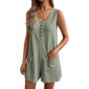 imageEkouaer Women Rompers Waffle Summer Overalls Shorts Loose Jumpsuit with Pockets Casual 2025 Beach Outfits Vacation ClothesMint Green