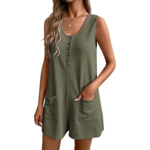imageEkouaer Women Rompers Waffle Summer Overalls Shorts Loose Jumpsuit with Pockets Casual 2025 Beach Outfits Vacation ClothesOlive