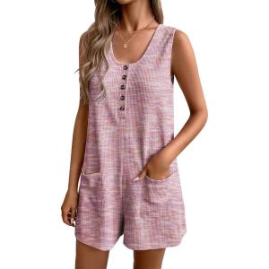 imageEkouaer Women Rompers Waffle Summer Overalls Shorts Loose Jumpsuit with Pockets Casual 2025 Beach Outfits Vacation ClothesPink