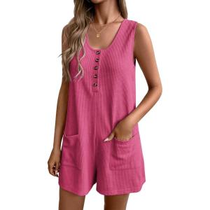 imageEkouaer Women Rompers Waffle Summer Overalls Shorts Loose Jumpsuit with Pockets Casual 2025 Beach Outfits Vacation ClothesRose Red
