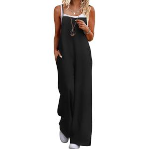 imageEkouaer Womens Casual Sleeveless Jumpsuits Summer Boho Wide Leg Floral Rompers Overalls with PocketsBlack