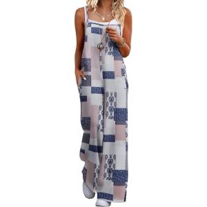 imageEkouaer Womens Casual Sleeveless Jumpsuits Summer Boho Wide Leg Floral Rompers Overalls with PocketsGrey Boho Print