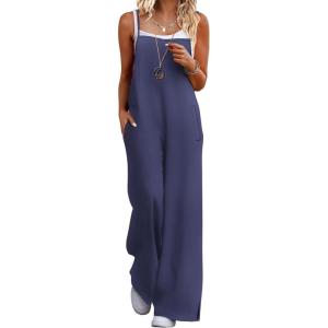 imageEkouaer Womens Casual Sleeveless Jumpsuits Summer Boho Wide Leg Floral Rompers Overalls with PocketsNavy Blue