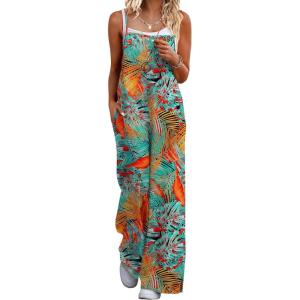 imageEkouaer Womens Casual Sleeveless Jumpsuits Summer Boho Wide Leg Floral Rompers Overalls with PocketsPlant Leaves Floral