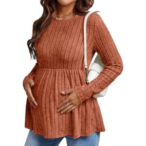 imageEkouaer Womens Maternity Tops Long Sleeve Pregnancy Tunic Blouses Crew Neck Ribbed Shirts Pregnant ClothesCaramel