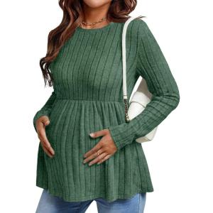 imageEkouaer Womens Maternity Tops Long Sleeve Pregnancy Tunic Blouses Crew Neck Ribbed Shirts Pregnant ClothesEvergreen