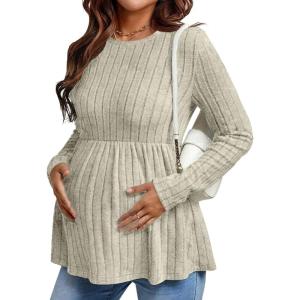 imageEkouaer Womens Maternity Tops Long Sleeve Pregnancy Tunic Blouses Crew Neck Ribbed Shirts Pregnant ClothesLight Brown