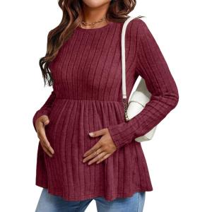 imageEkouaer Womens Maternity Tops Long Sleeve Pregnancy Tunic Blouses Crew Neck Ribbed Shirts Pregnant ClothesWine Red