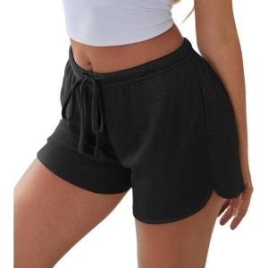 imageEkouaer Womens Waffle Knit Pajama Shorts Soft Drawstring Lounge bottoms Casual Workout Shorts with PocketsBlack
