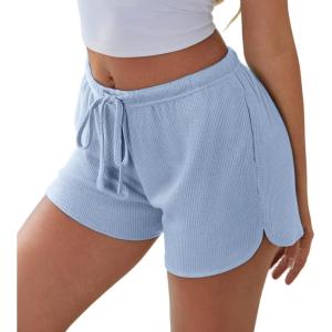 imageEkouaer Womens Waffle Knit Pajama Shorts Soft Drawstring Lounge bottoms Casual Workout Shorts with PocketsLight Blue
