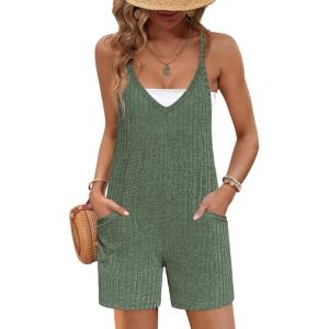 imageEkouaer Rompers for Women Summer Casual Sleeveless Spaghetti Strap Jumpsuit Ribbed Shorts Overalls with PocketsArmy Green