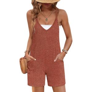 imageEkouaer Rompers for Women Summer Casual Sleeveless Spaghetti Strap Jumpsuit Ribbed Shorts Overalls with PocketsCaramel