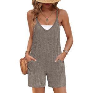 imageEkouaer Rompers for Women Summer Casual Sleeveless Spaghetti Strap Jumpsuit Ribbed Shorts Overalls with PocketsCoffee Brown