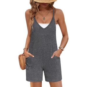 imageEkouaer Rompers for Women Summer Casual Sleeveless Spaghetti Strap Jumpsuit Ribbed Shorts Overalls with PocketsDark Grey
