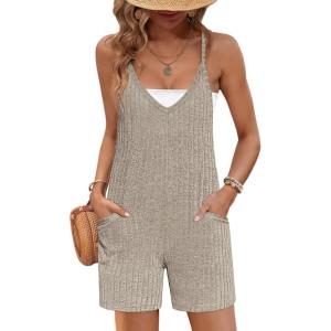 imageEkouaer Rompers for Women Summer Casual Sleeveless Spaghetti Strap Jumpsuit Ribbed Shorts Overalls with PocketsKhaki