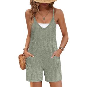 imageEkouaer Rompers for Women Summer Casual Sleeveless Spaghetti Strap Jumpsuit Ribbed Shorts Overalls with PocketsLight Green