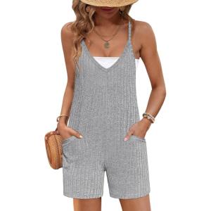 imageEkouaer Rompers for Women Summer Casual Sleeveless Spaghetti Strap Jumpsuit Ribbed Shorts Overalls with PocketsLight Grey