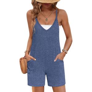 imageEkouaer Rompers for Women Summer Casual Sleeveless Spaghetti Strap Jumpsuit Ribbed Shorts Overalls with PocketsNavy Blue