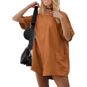 imageEkouaer Summer Rompers for Women 2025 Short Sleeve Oversized Reversible Baggy Tshirt Romper Jumpsuit Outfits with PocketsCaramel