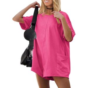 imageEkouaer Summer Rompers for Women 2025 Short Sleeve Oversized Reversible Baggy Tshirt Romper Jumpsuit Outfits with PocketsHot Pink