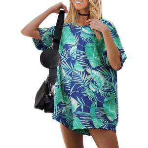 imageEkouaer Summer Rompers for Women 2025 Short Sleeve Oversized Reversible Baggy Tshirt Romper Jumpsuit Outfits with PocketsLeaves Blue Green