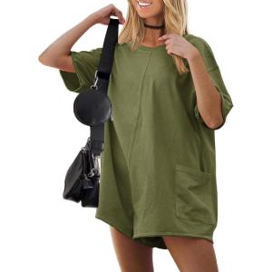 imageEkouaer Summer Rompers for Women 2025 Short Sleeve Oversized Reversible Baggy Tshirt Romper Jumpsuit Outfits with PocketsOlive Green
