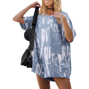 imageEkouaer Summer Rompers for Women 2025 Short Sleeve Oversized Reversible Baggy Tshirt Romper Jumpsuit Outfits with PocketsTie Dye Blue
