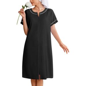 imageEkouaer Women Zipper Robe Short Waffle Knit Bathrobe Lightweight Housecoat Soft Knee Length Loungewear with Pockets SXXXLBlack