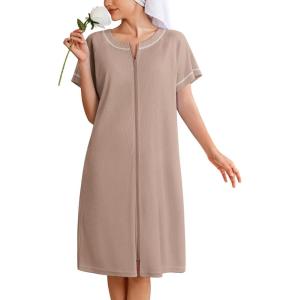 imageEkouaer Women Zipper Robe Short Waffle Knit Bathrobe Lightweight Housecoat Soft Knee Length Loungewear with Pockets SXXXLKhaki