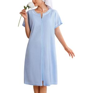 imageEkouaer Women Zipper Robe Short Waffle Knit Bathrobe Lightweight Housecoat Soft Knee Length Loungewear with Pockets SXXXLLight Blue