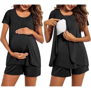 imageEkouaer Womens Maternity Nursing Pajamas Set Breastfeeding Sleepwear Double Layer Short Sleeve Top ampamp Shorts Nursing PjsAblack