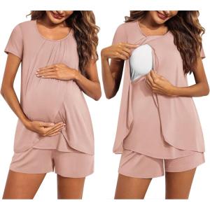 imageEkouaer Womens Maternity Nursing Pajamas Set Breastfeeding Sleepwear Double Layer Short Sleeve Top ampamp Shorts Nursing PjsApink