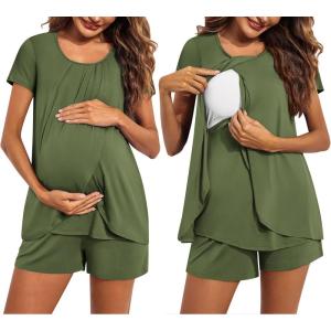 imageEkouaer Womens Maternity Nursing Pajamas Set Breastfeeding Sleepwear Double Layer Short Sleeve Top ampamp Shorts Nursing PjsArmy Green