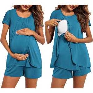 imageEkouaer Womens Maternity Nursing Pajamas Set Breastfeeding Sleepwear Double Layer Short Sleeve Top ampamp Shorts Nursing PjsBlue