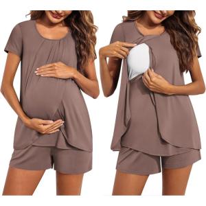 imageEkouaer Womens Maternity Nursing Pajamas Set Breastfeeding Sleepwear Double Layer Short Sleeve Top ampamp Shorts Nursing PjsBrown